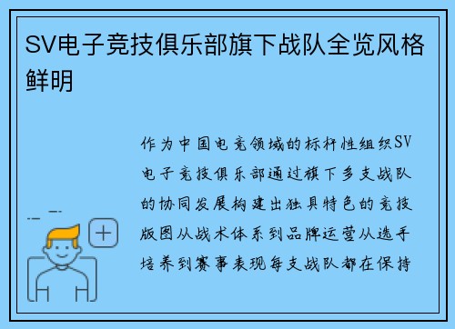 SV电子竞技俱乐部旗下战队全览风格鲜明